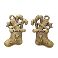 Vintage bronze Christmas stocking charm with gingerbread man and candy cane for DIY jewelry - Antique Bronze