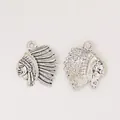 Vintage silver tribal chief charm with feather headdress texture front and back view - Antique Silver