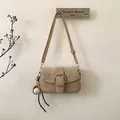 Minimalist beige suede underarm bag with gold horseshoe buckle and baseball charm - With Pendant / Khaki