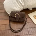 Dark brown suede shoulder bag with gold horseshoe buckle in retro minimalist style - Without Pendant / Coffee without Pendant