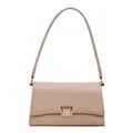 Minimalist beige baguette shoulder bag with gold rectangular buckle closure for women - Khaki