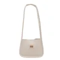 Minimalist beige PU leather shoulder bag with gold metal plate and long strap - White