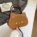 Sac bandoulière chat marron mignon avec broderie du visage et poignées brunes - Marron