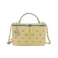 Pale yellow quilted leather vanity case with sparkling rhinestones and chain strap - Yellow