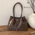 Deep brown suede tote bag with golden buckle and wooden bead pendant accessory - With Pendant / Brown
