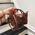 Brown teddy fleece hobo bag with leather handles and adjustable shoulder strap - Coffee