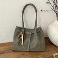 Retro grey-green matte leather tote bag with long straps and wood bead tassel charm - With Pendant / Green