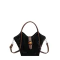 Schwarze Bucket-Bag mit braunem Kontrastbesatz und goldenem Vintage-Verschluss - Schwarz