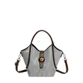 Silberne Metallic-Handtasche mit braunen Ledergriffen und goldenem Vintage-Drehverschluss - Grau