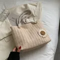 Chic beige woven tote bag with cotton rope handles and a white daisy accent - White