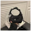 Elegant black pleated crescent bag with pearl pendants and lace bow details - Black (With Pendant)