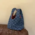 Borsa in denim blu con fiocchi bianchi e fodera a quadretti rossi e bianchi - Blu Denim / Gingham Rosso e Bianco (Reversibile)