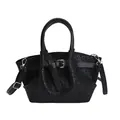 Women's black woven texture bucket bag with top handle and adjustable shoulder strap - Black