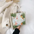 Mini canvas handbag with floral green planting print and natural jute side panels - Plant Painting (Green)