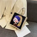 Artistic tote bag with cartoon Girl with a Pearl Earring print and cotton rope handles - Cartoon Portrait (Style 1)