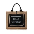Bolso tote vintage de algodón y lino con estampado Hello Weekend y asas trenzadas - Negro