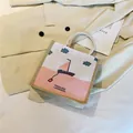 Chic canvas and linen patchwork tote bag with pink artistic hand-drawn boat print - Cartoon Sailboat and Clouds (Style 4)