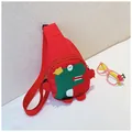 Vibrant red kids chest bag with green cartoon dinosaur embroidery and crown detail - Red