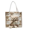 Sac fourre-tout mignon en toile avec ours en peluche 3D pour déjeuner ou quotidien - Blanc
