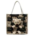 Sac fourre-tout en toile noire avec ours en peluche 3D et poignée en corde blanche - Noir