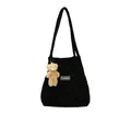 Large capacity black corduroy tote bag with fashion label and brown plush bear charm - Single Bag (Without Pendant) / Black