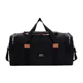 Black large capacity nylon travel bag with brown leather handles and shoulder strap - Black