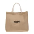 Borsa tote in iuta con stampa merci e manici in cotone intrecciato su sfondo bianco - Cachi