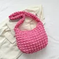 Pink bubble texture shoulder bag with pleated crescent shape for casual chic style - Rose Pink