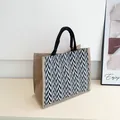 Linen tote bag with black and white wavy pattern and sturdy round top handles - Black