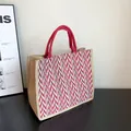 Linen jute tote bag with red and white herringbone pattern and red woven handles - Red