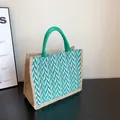 Linen tote bag featuring green zigzag pattern and woven rope handles for daily commute - Green