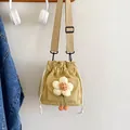 Mini yellow canvas drawstring bucket bag with a cute plush flower and adjustable strap - Khaki