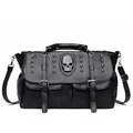 Retro black punk shoulder bag with skull rhinestone and silver rivet accents - Black