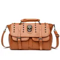 Caramel brown vintage punk handbag with metal rivets and skull emblem in PU leather - Tan