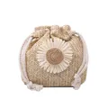 Sac seau en paille tissé à la main beige avec marguerite blanche et cordon serrage - Kaki