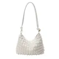 White pleated ruched shoulder bag with bubble fabric texture and gold hardware - White