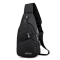 Men's black multi-pocket sling bag with USB charging port and durable nylon fabric - Black