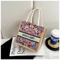 Natural jute tote bag with pink and blue mandala print and white cotton rope handles - Pink Blue Mandala (Style 4)
