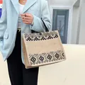 Bohemian linen tote bag with black geometric ethnic print and woven handles - Khaki