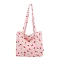 Pink corduroy tote bag with red strawberry print and large front pocket detail - Pink