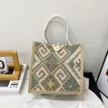 Ethnic geometric canvas tote bag with hemp rope handles and decorative button closure - Green Button Style