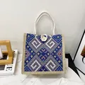 Ethnic geometric canvas tote bag with multi-color patterns and cotton rope handles - Blue Button Style