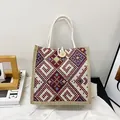 Ethnic style woven canvas tote bag with geometric diamond patterns and wooden button - Red Button Style
