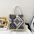 Ethnic style woven canvas tote bag with geometric patterns and rope handles - Black Button Style
