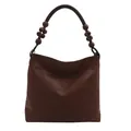 Dunkelbraune Hobo-Schultertasche aus Leder mit Patchwork-Design und Holzperlenriemen - Braun