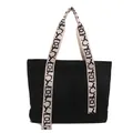 Black canvas tote bag with contrast geometric patterned wide shoulder straps for commuting - Black