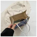 Ethnic style linen canvas tote bag with cotton rope handles and geometric patterns - Blue Zipper Style