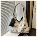 White large capacity tote bag with butterfly prints and black side coin purse - Black