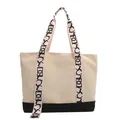 Canvas tote bag in beige and black with patterned straps and spacious design - White