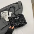 Sac fourre-tout tendance en paillettes noires pour femme avec étiquette argentée - Noir